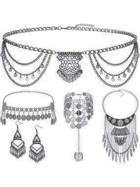5-Piece Halloween Silver Jewelry Set for Women - Gypsy Belly Dance Accessories